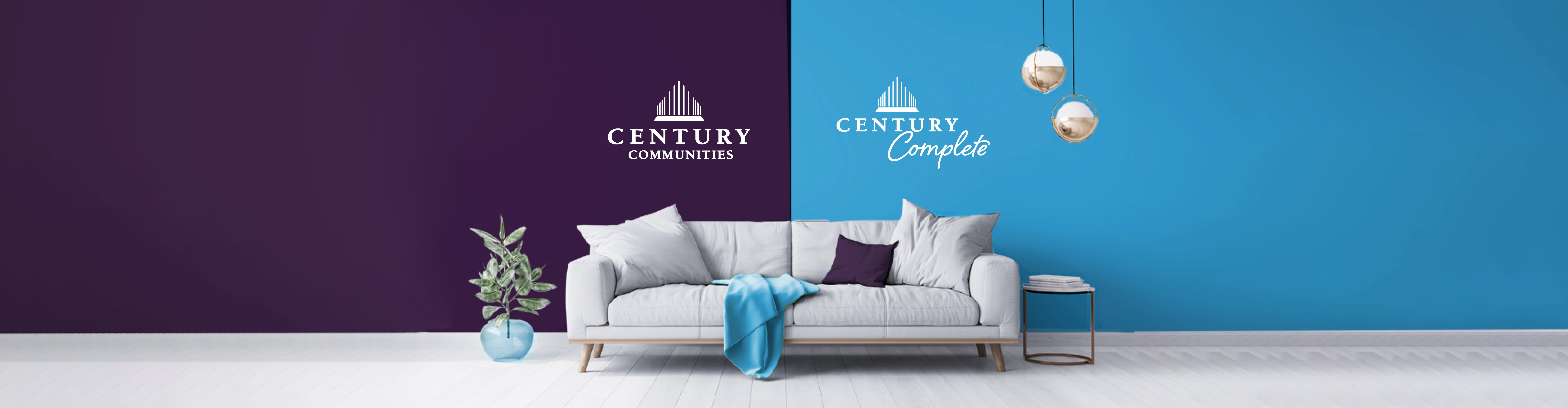 Century Communities Brand Comparison Couch and blanket with a branded Century Communities background
