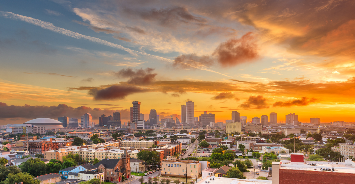 A city with a sunset.