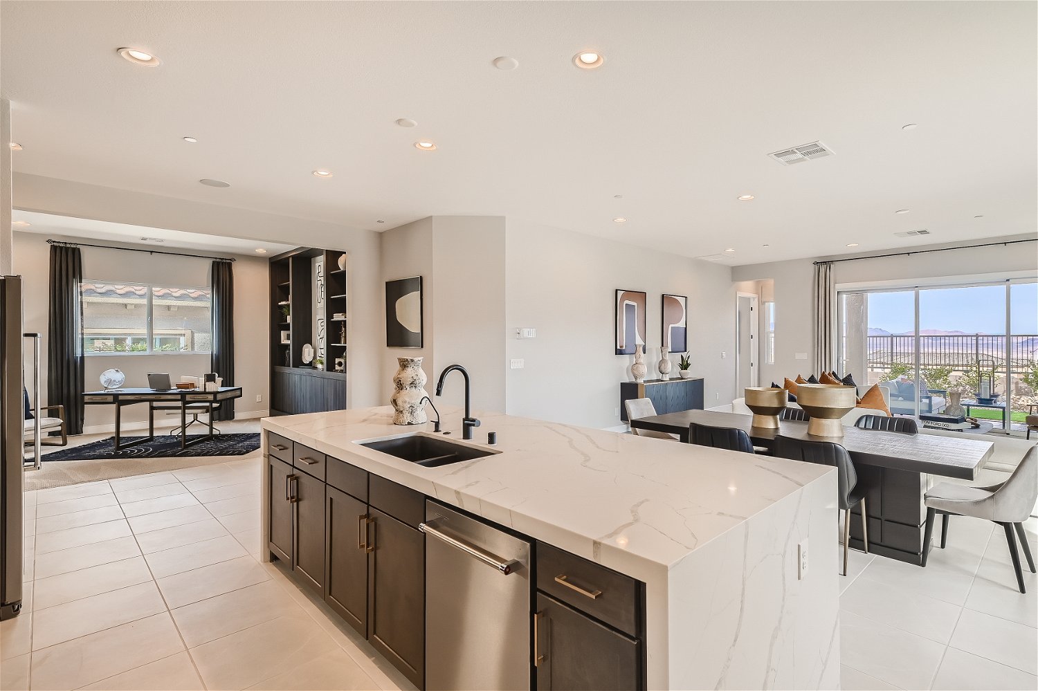 A kitchen with a large island.