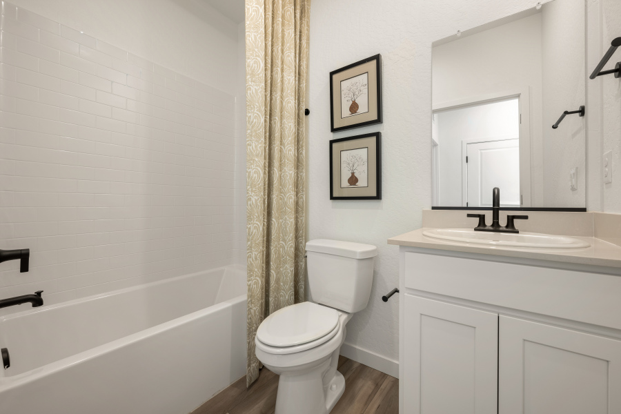 A bathroom with a toilet and bathtub.