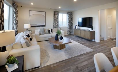 A living room with a large rug.