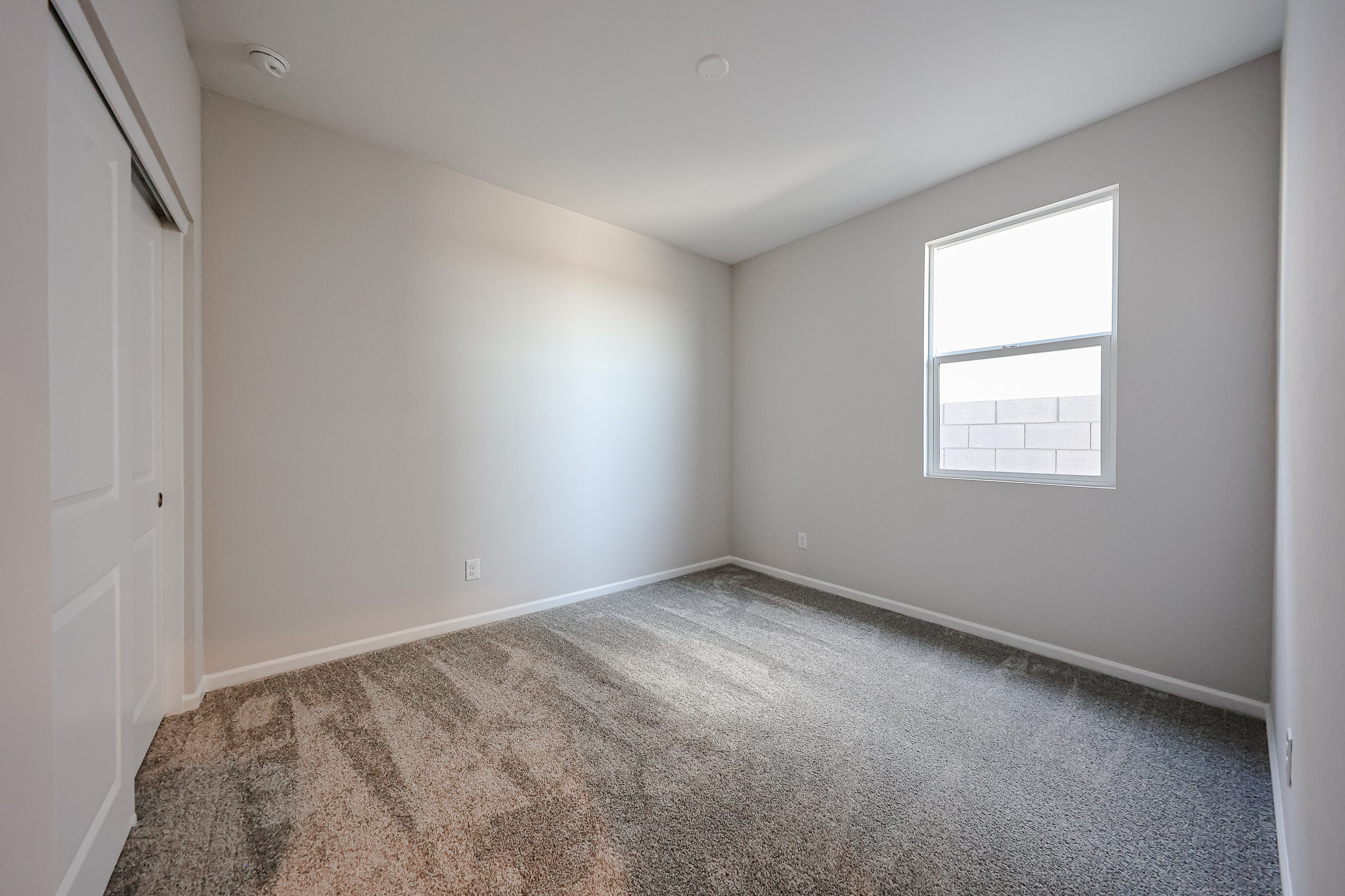A room with a carpet and a window.