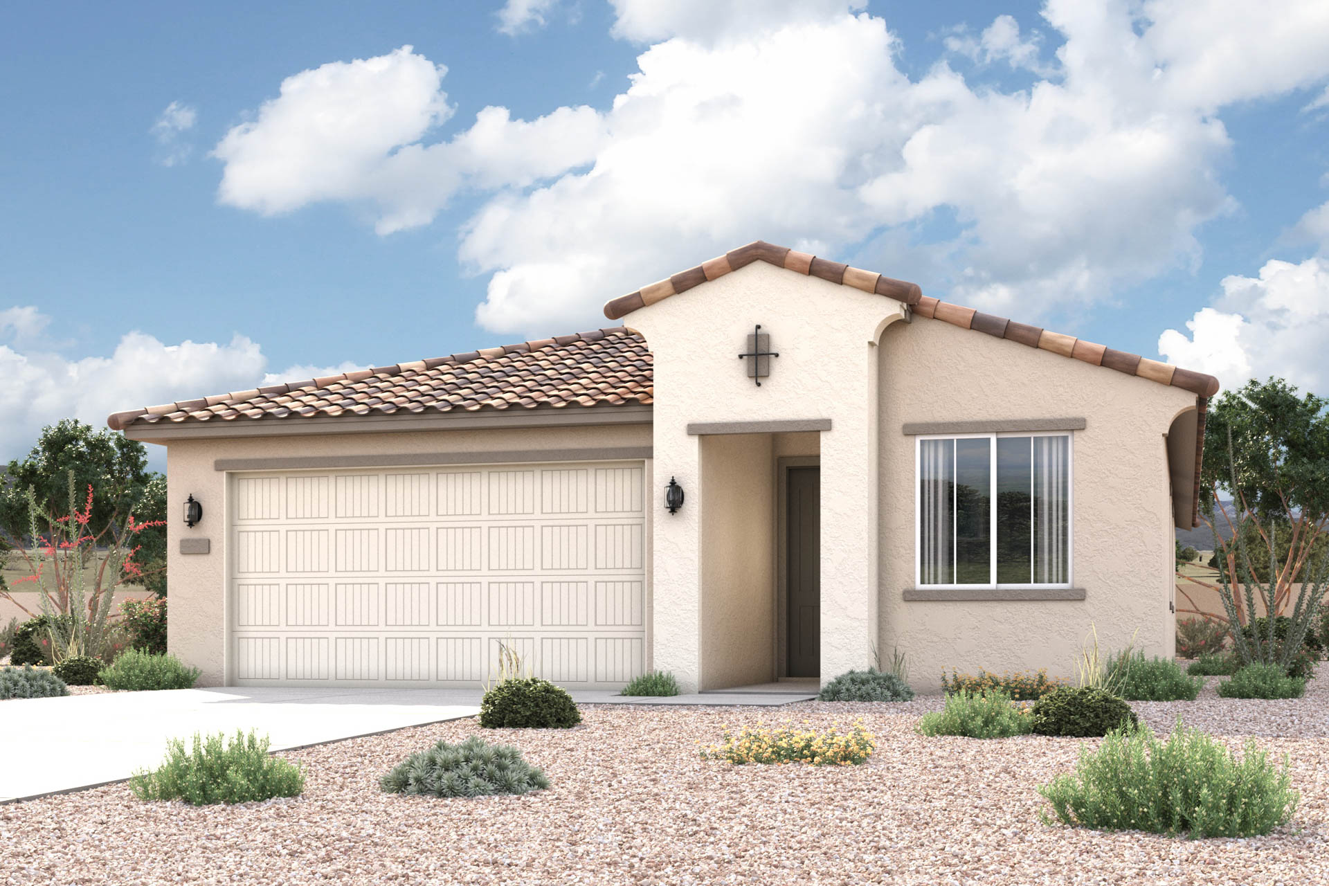 Spanish exterior elevation rendering of 1 story 3-4 bedroom New Home floor plan in Maricopa AZ USDA Loan VA Loan Eligible Near 347 with community amenities near park