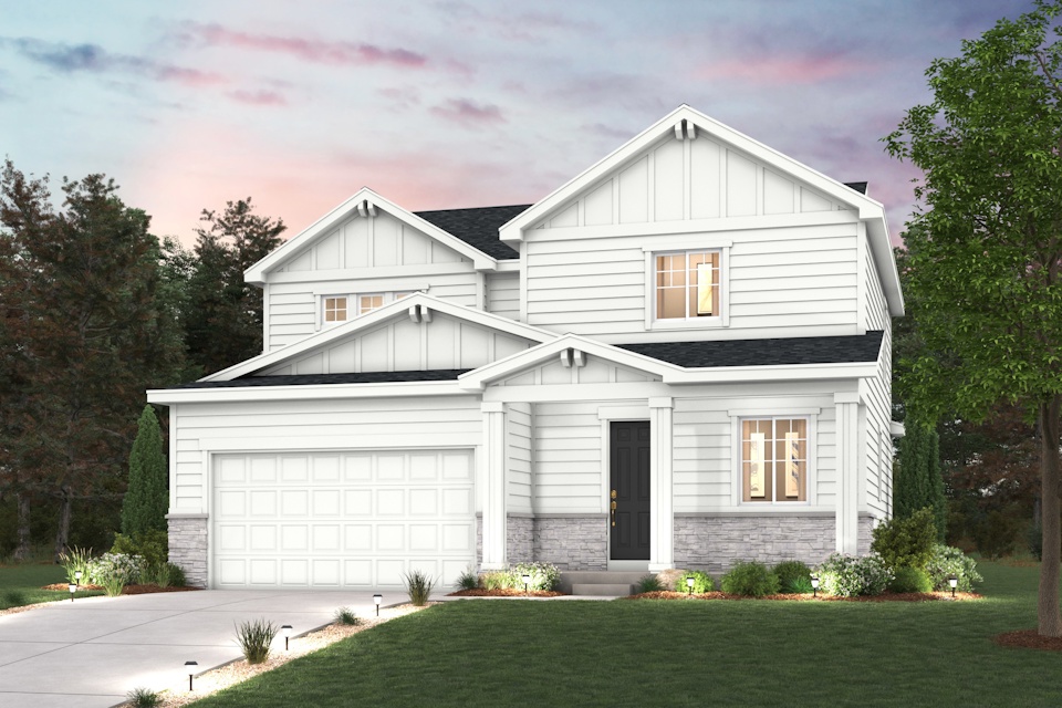 A white house with a garage with American Gothic House in the background.