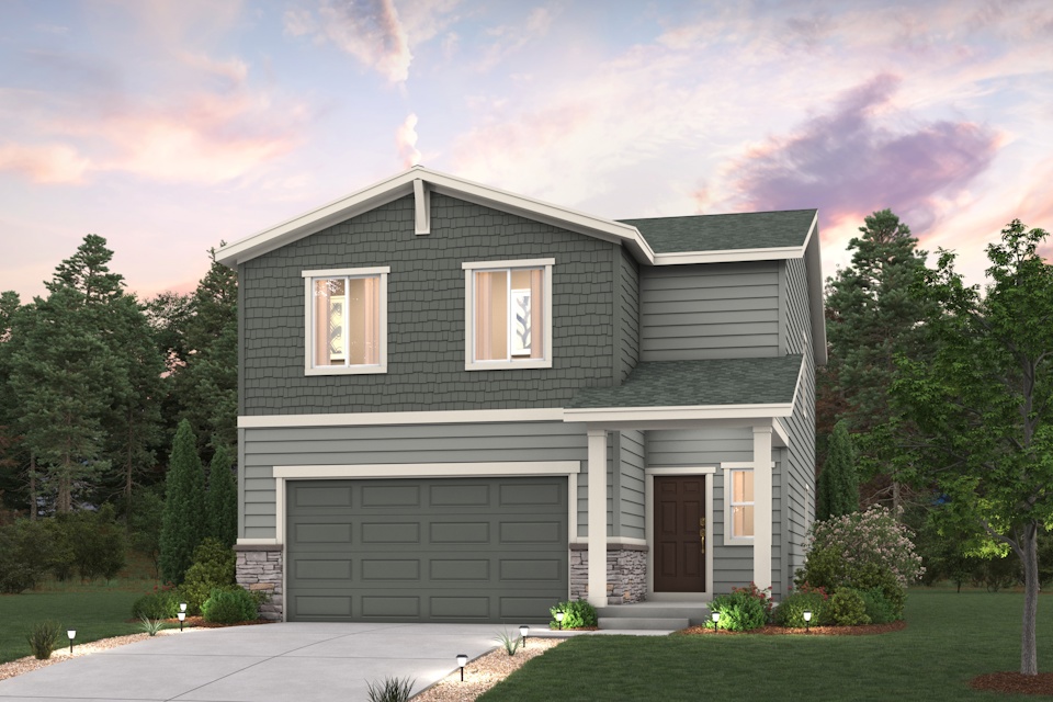 Ponderosa floorplan exterior home rendered image with landscaping Elevation B