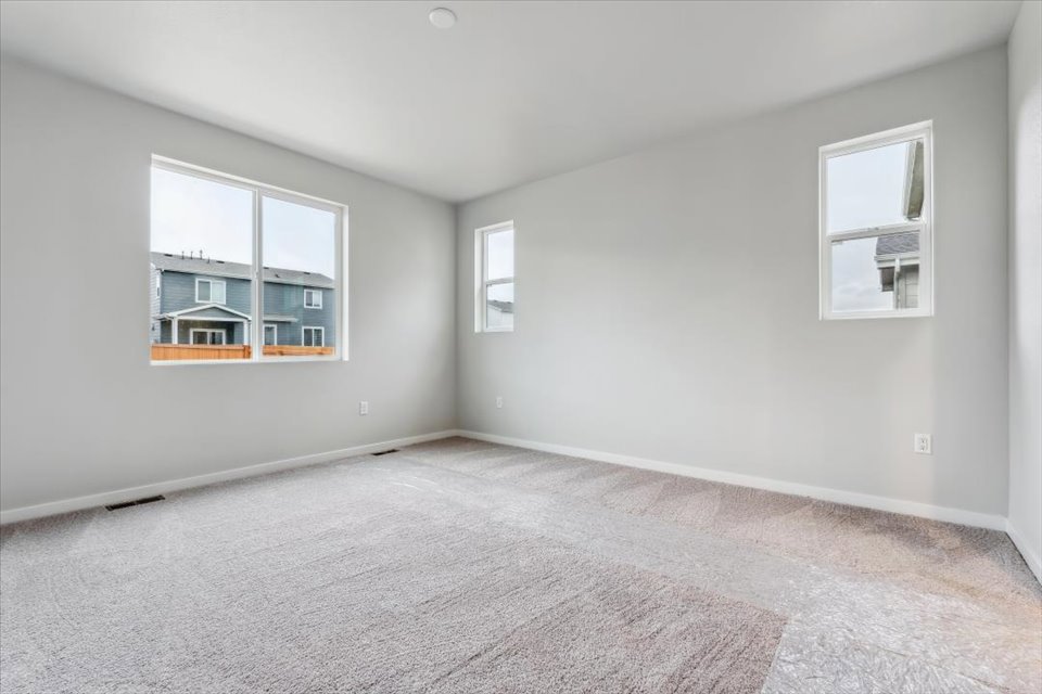 A room with a carpet and windows.