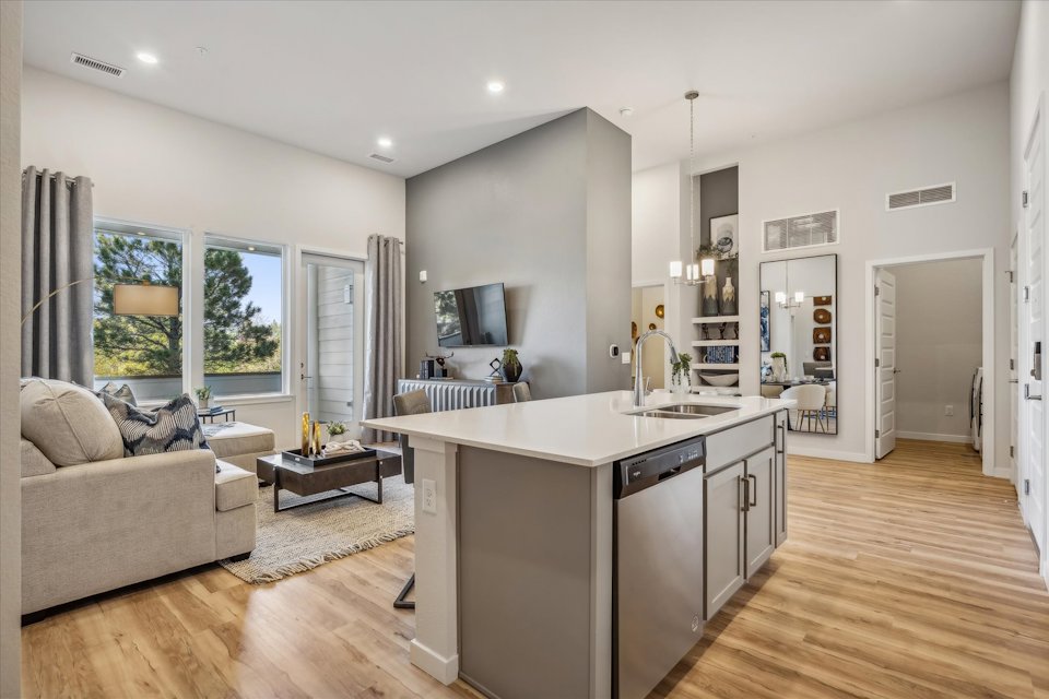 A kitchen and living room.