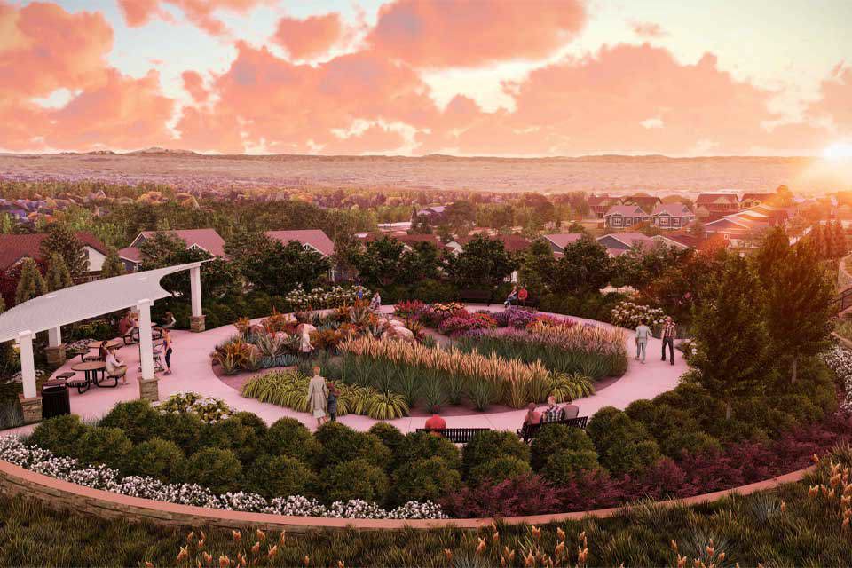 A landscape with trees and buildings.
