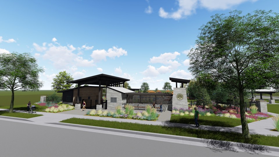 A building with a garden in front.