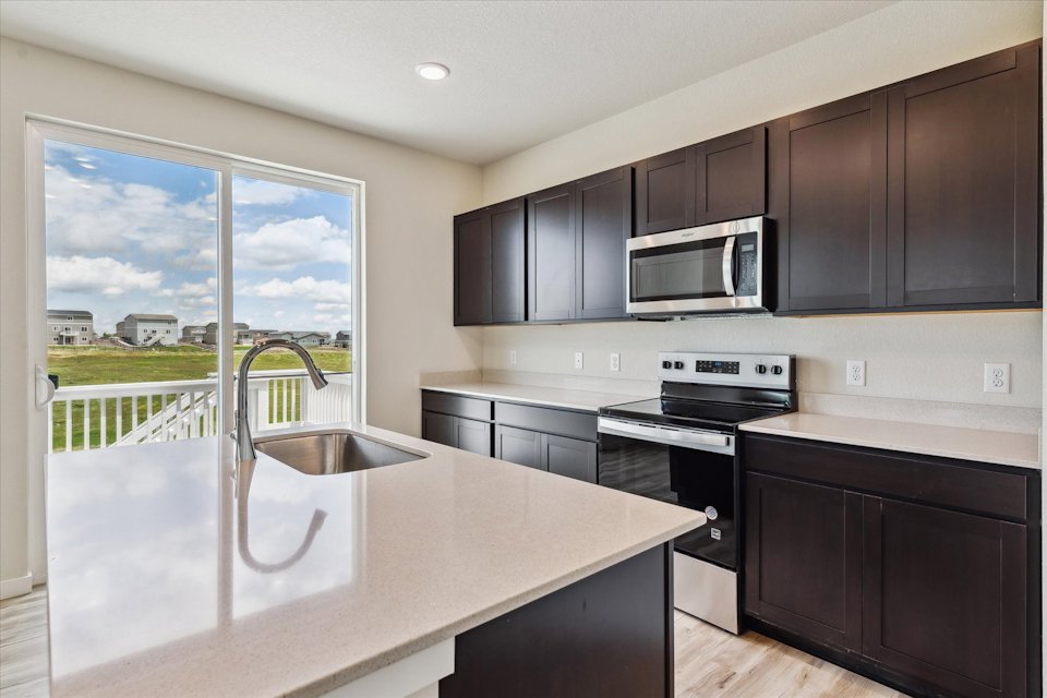 A kitchen with black cabinets.