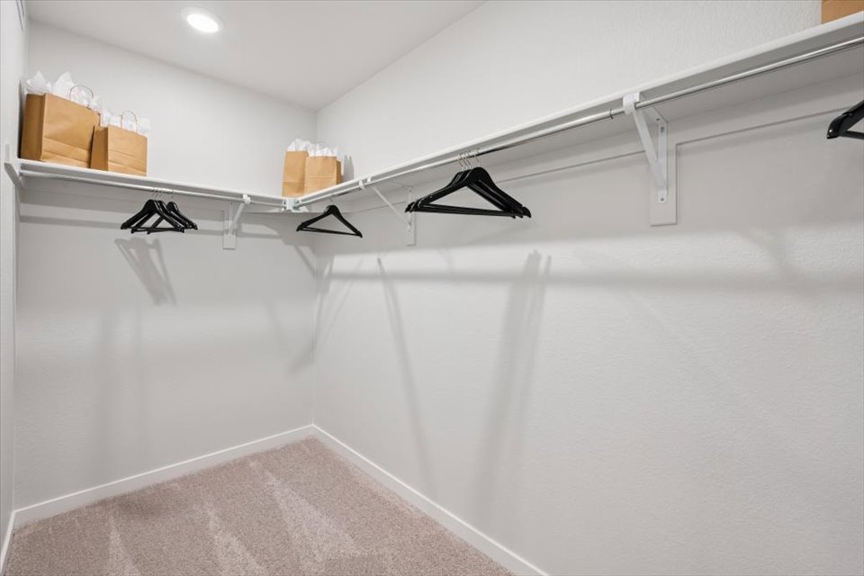 A white shower with a black towel from the ceiling.