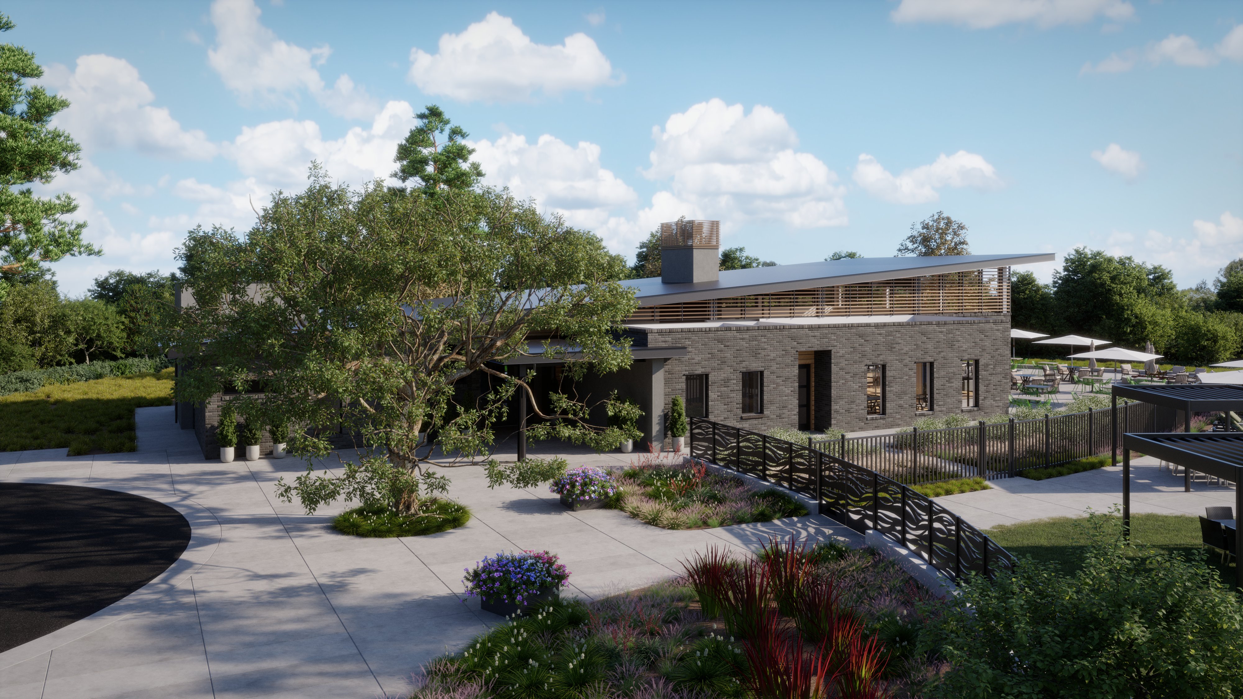 A building with a large front yard.