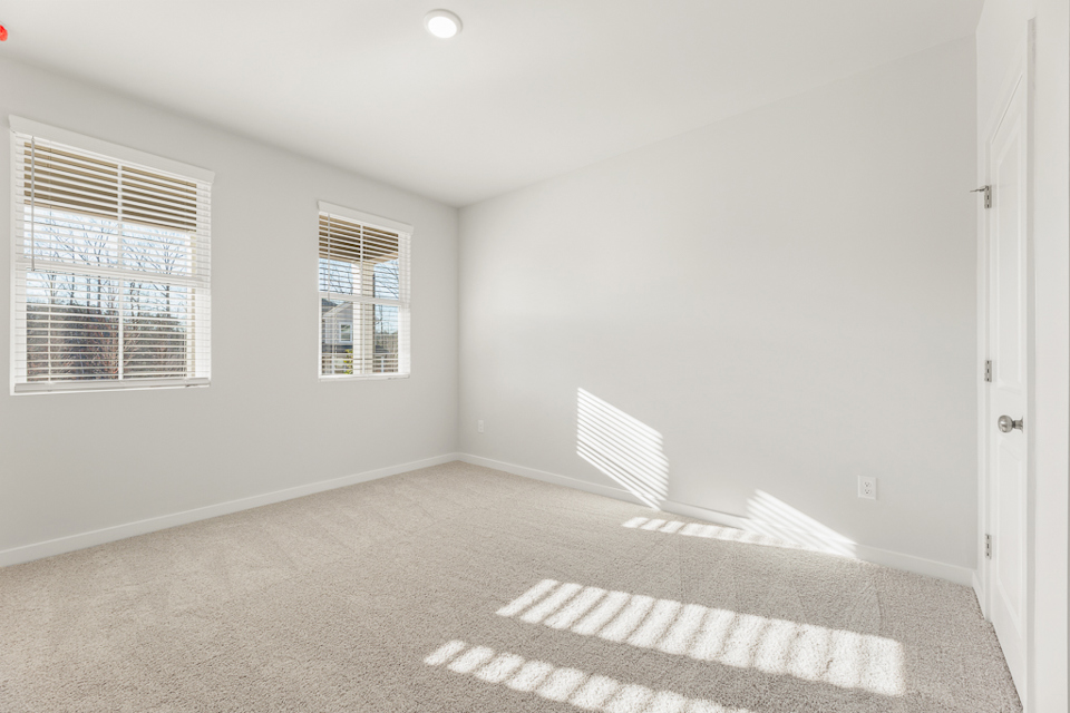 A room with a rug and a window.