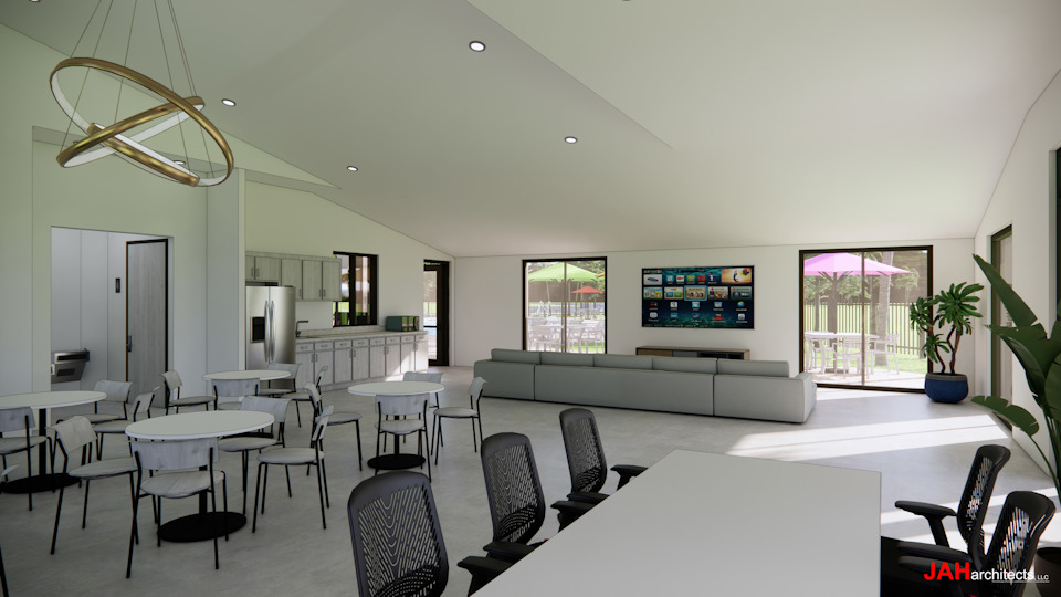 A room with tables and chairs.