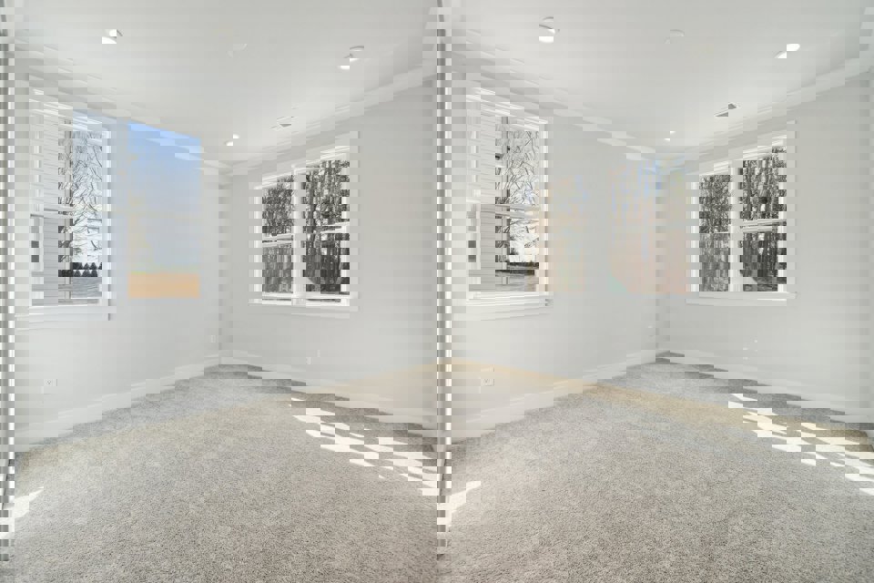 A room with windows and a carpet.