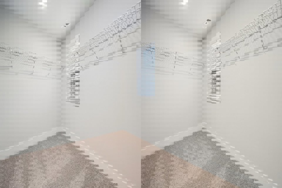 A room with a window and a rug.