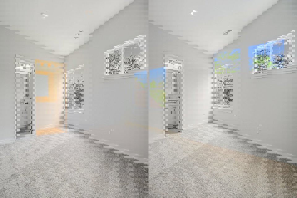 A room with a carpet and windows.