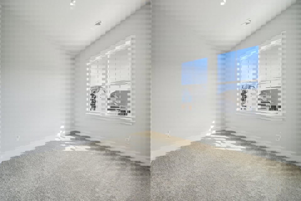 A room with a window and a rug.