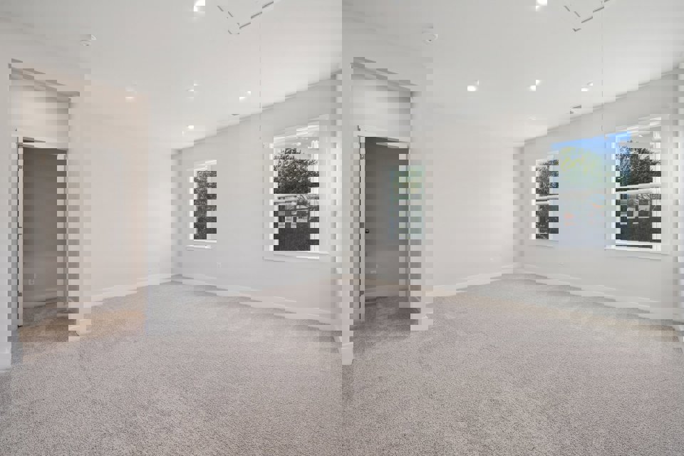 A room with a carpet and windows.