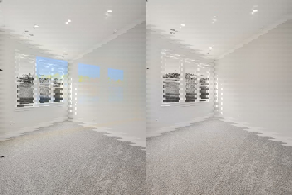 A room with a carpet and a window.