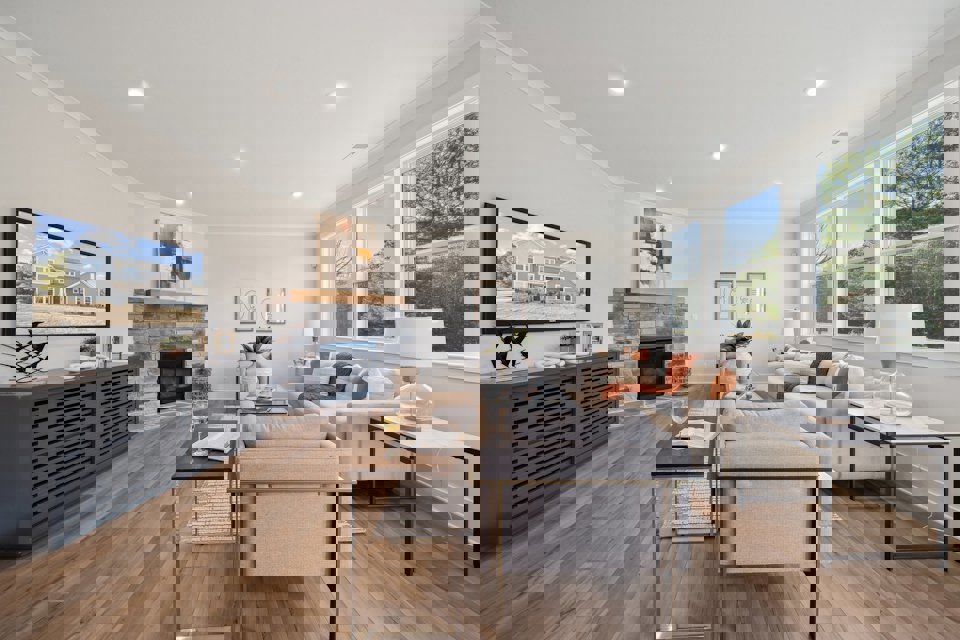 A living room with a fireplace.