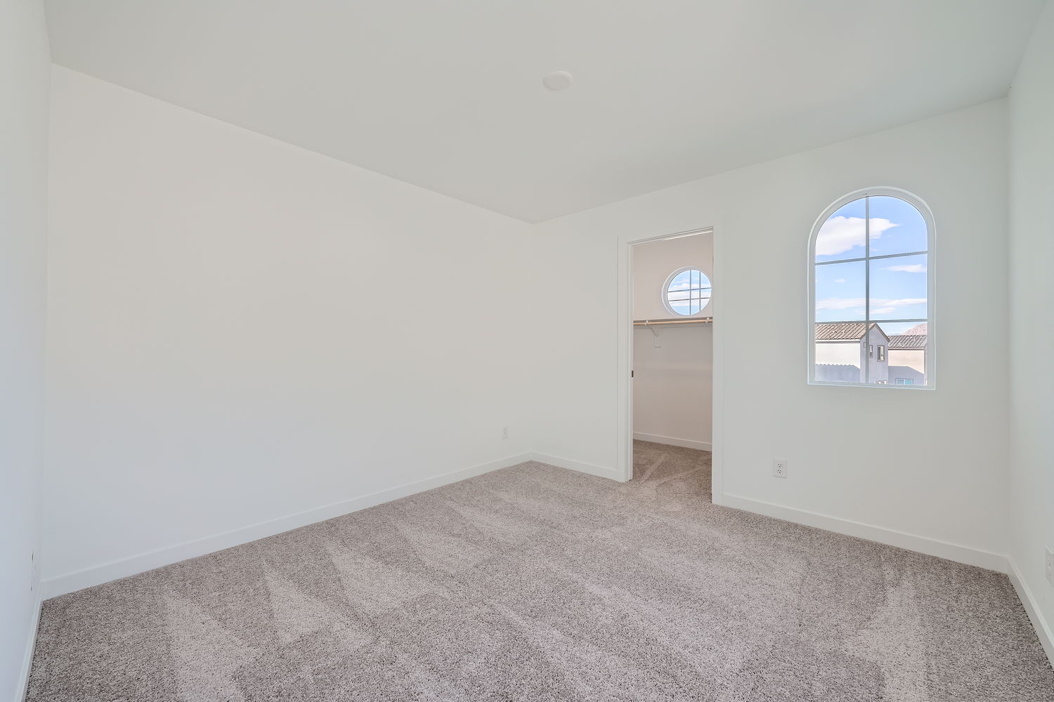 A room with a carpet and windows.