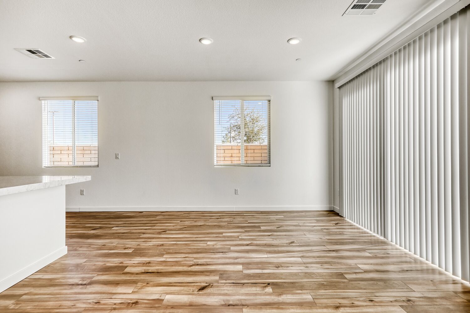 A room with a wood floor and a window with blinds.