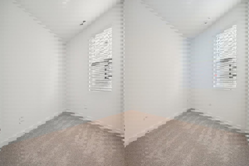 A room with a carpet and a window.