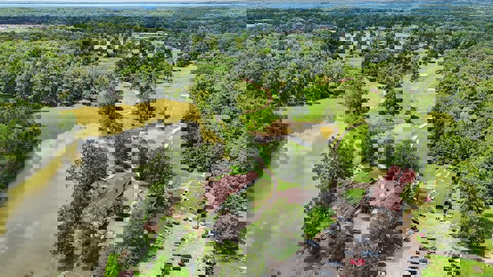 A river with a road and trees.