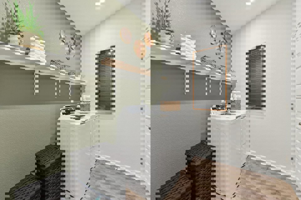 A kitchen with a white stove and shelves.