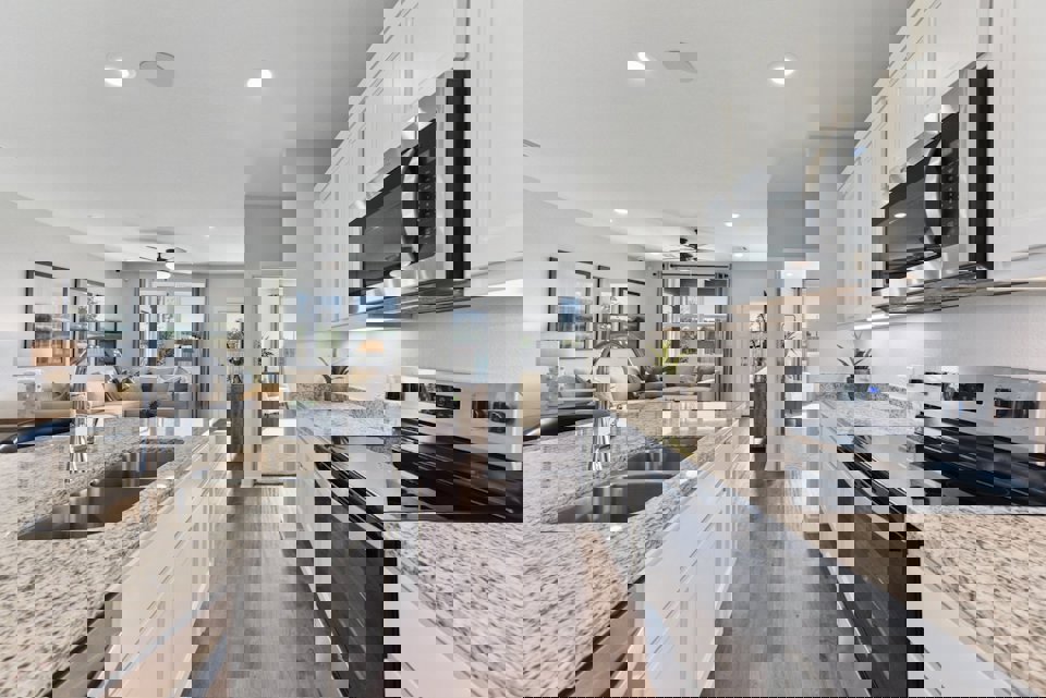 A kitchen with a large island.