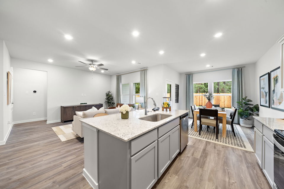 A kitchen with a large island.