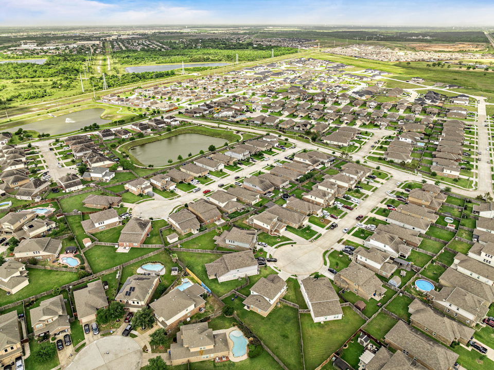 An aerial view of a city.