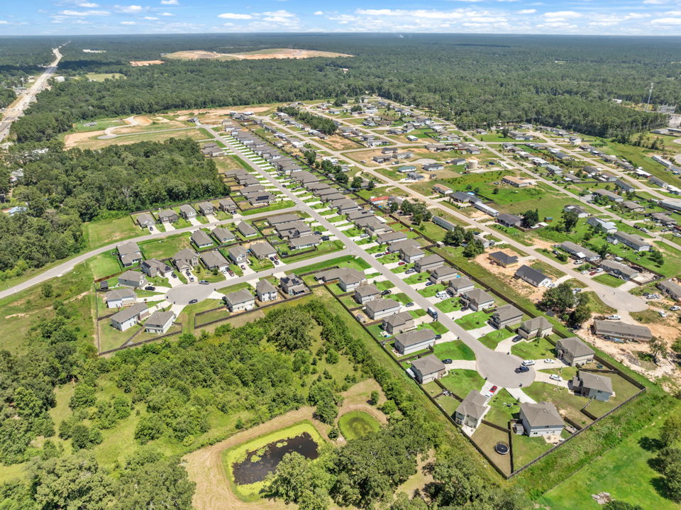 A large area with many buildings and trees around it.