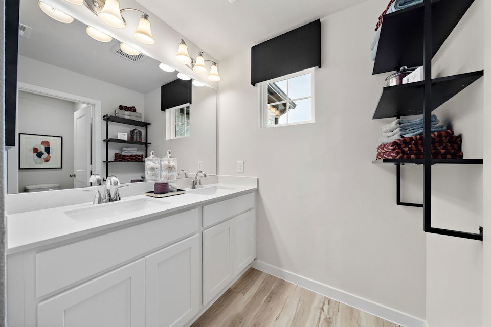 A bathroom with a sink and shelves.