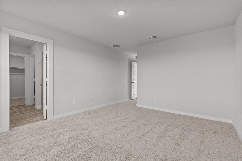 A room with a carpet and a door.