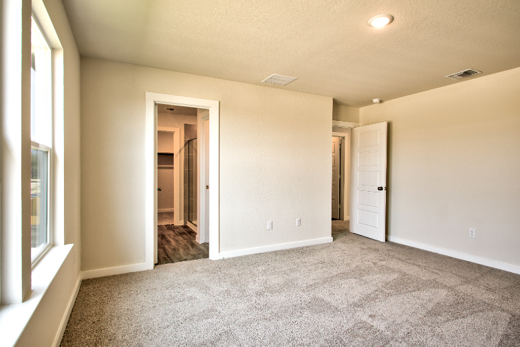 A room with a carpet and a door.