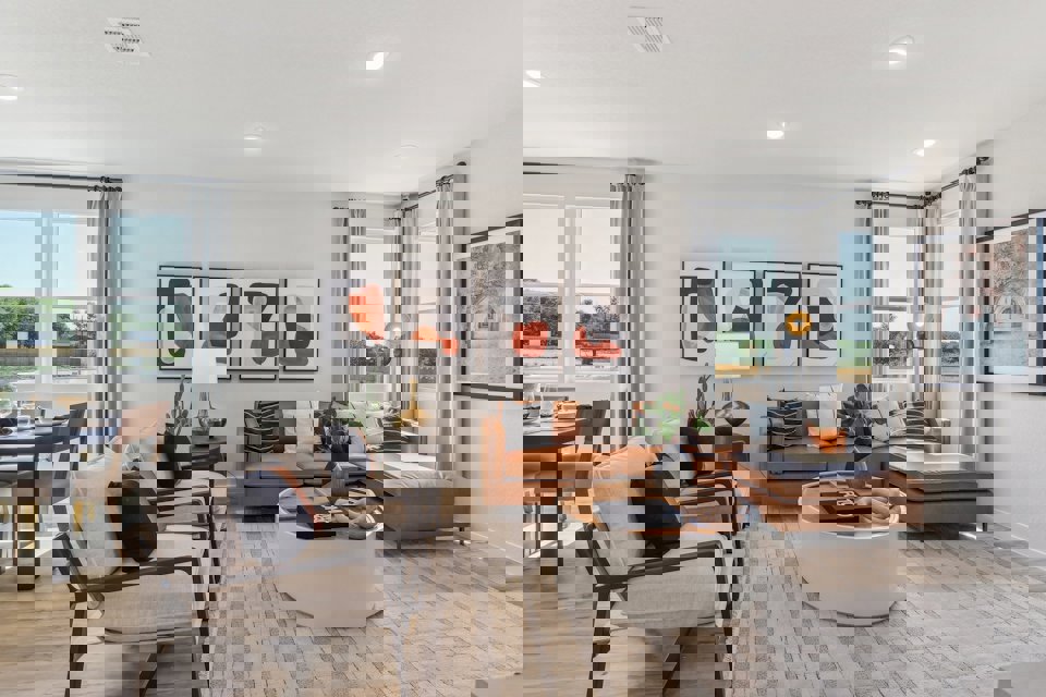 A living room with a large window.