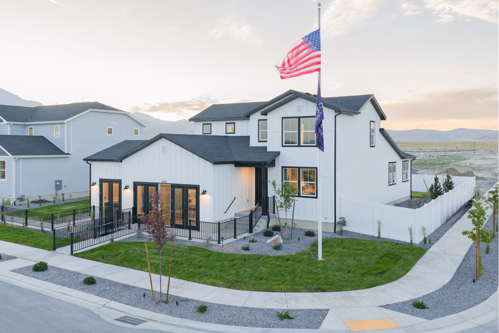 A house with a flag on the front.