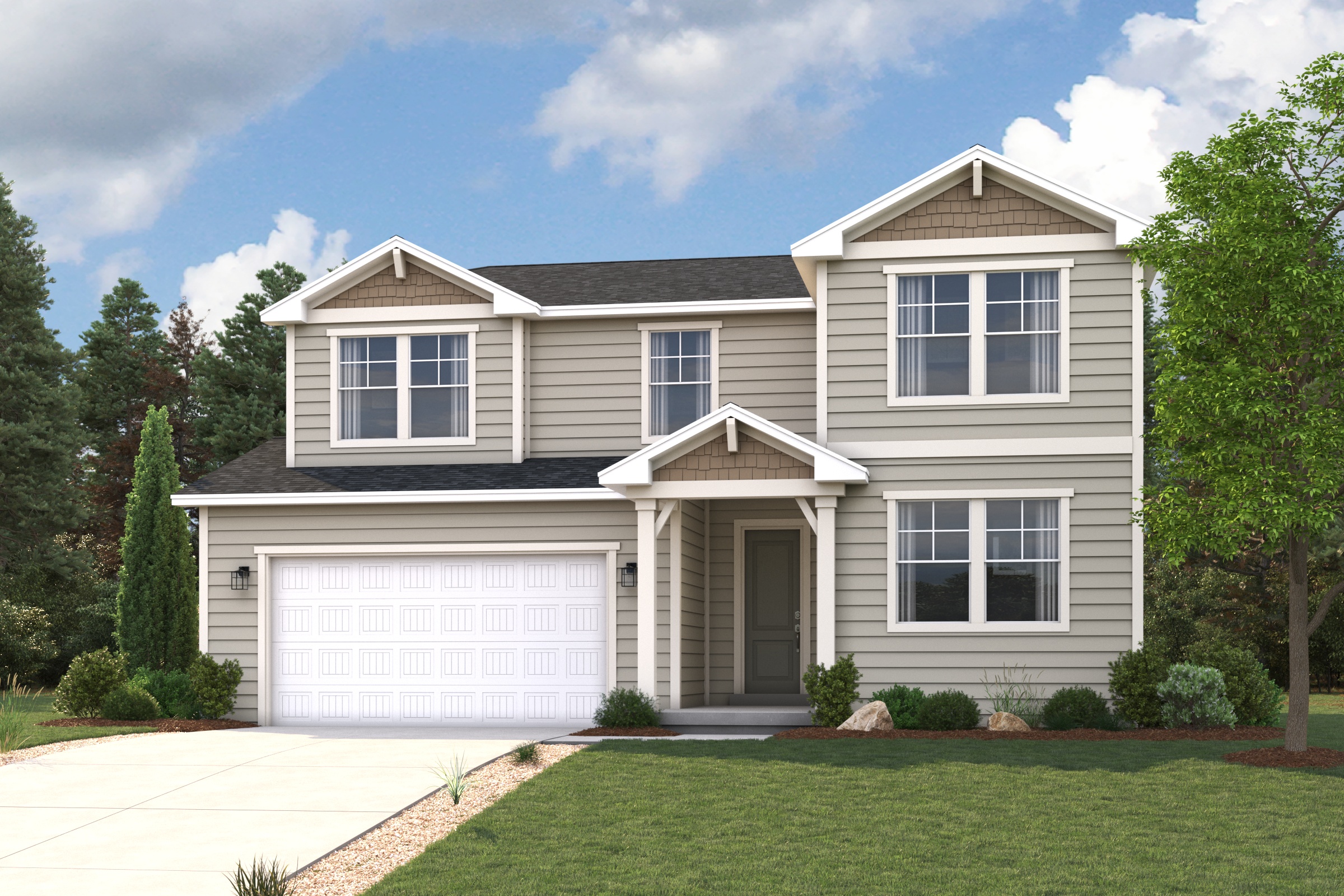 A house with a garage and trees.