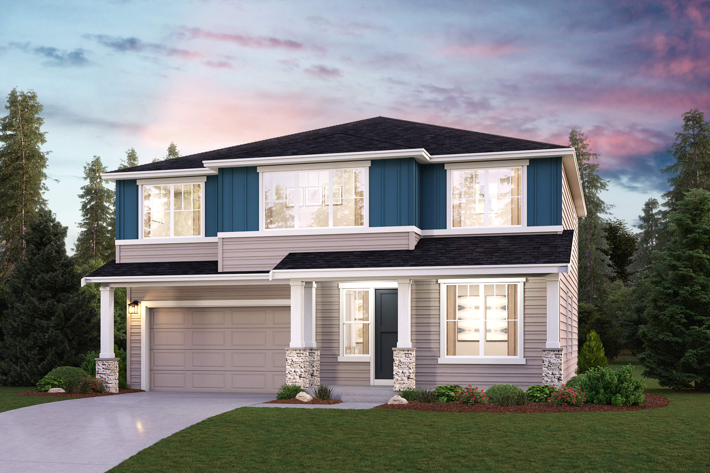 A house with a garage and a lawn in front of it.