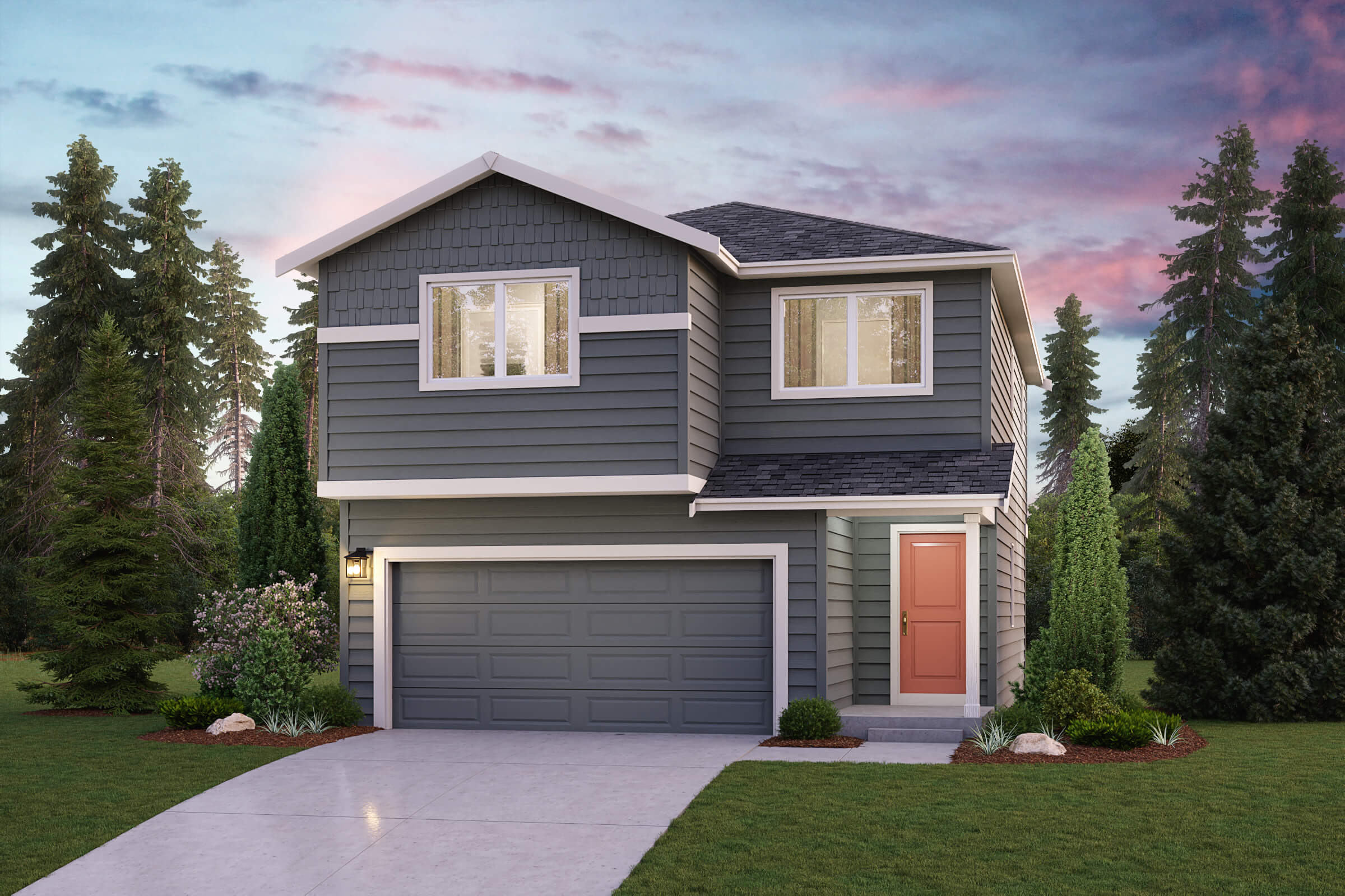 A house with a garage and trees around it.