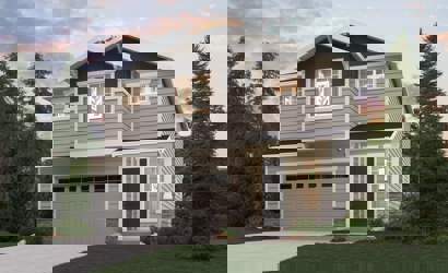 A house with a garage and trees around it.