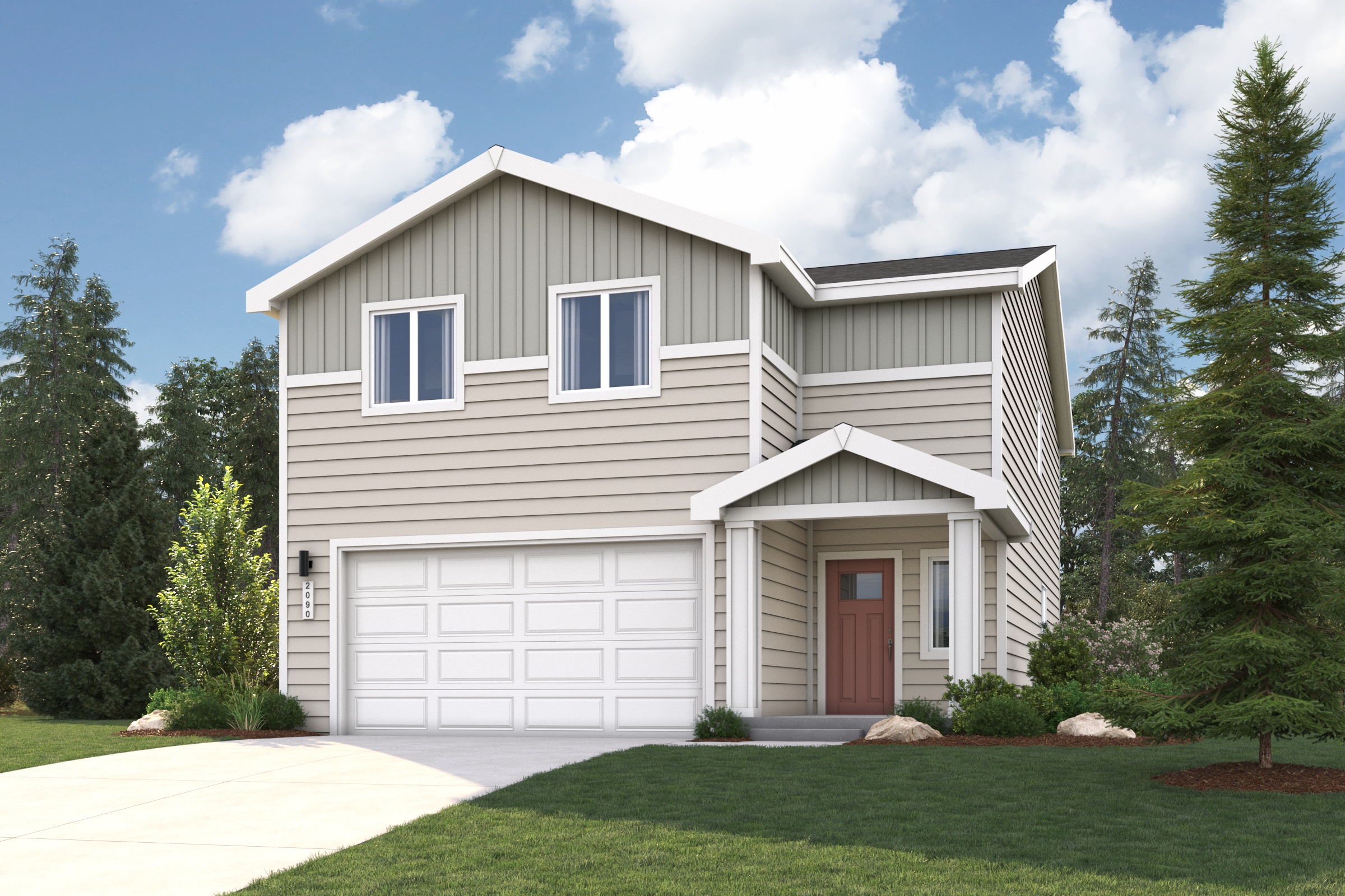 A white house with a garage.