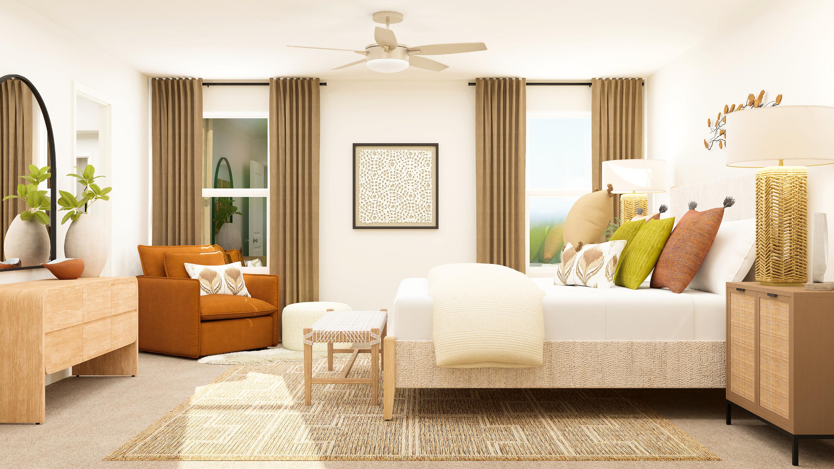 A living room with a couch and a fan.