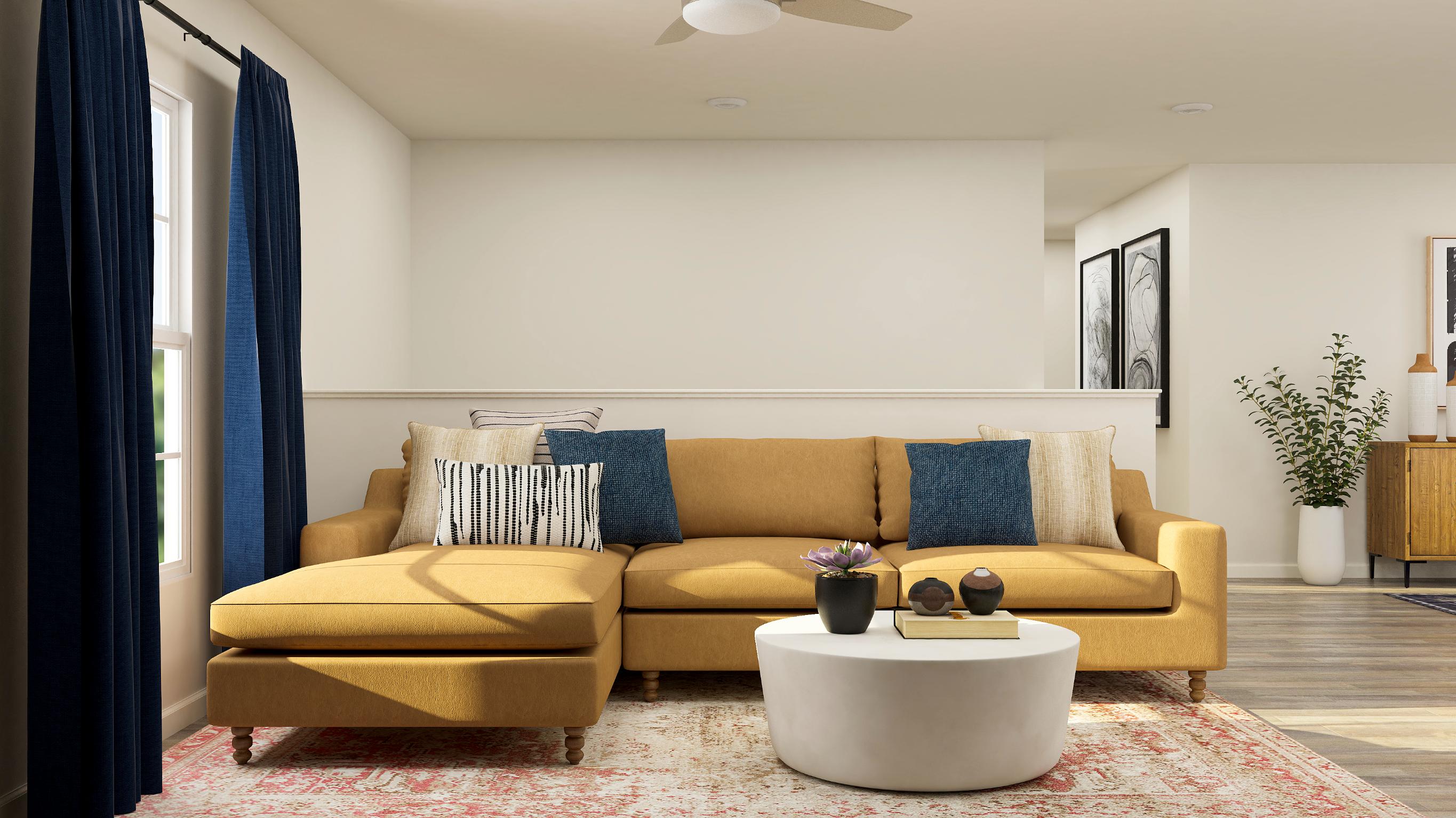 A living room with a couch and a coffee table.