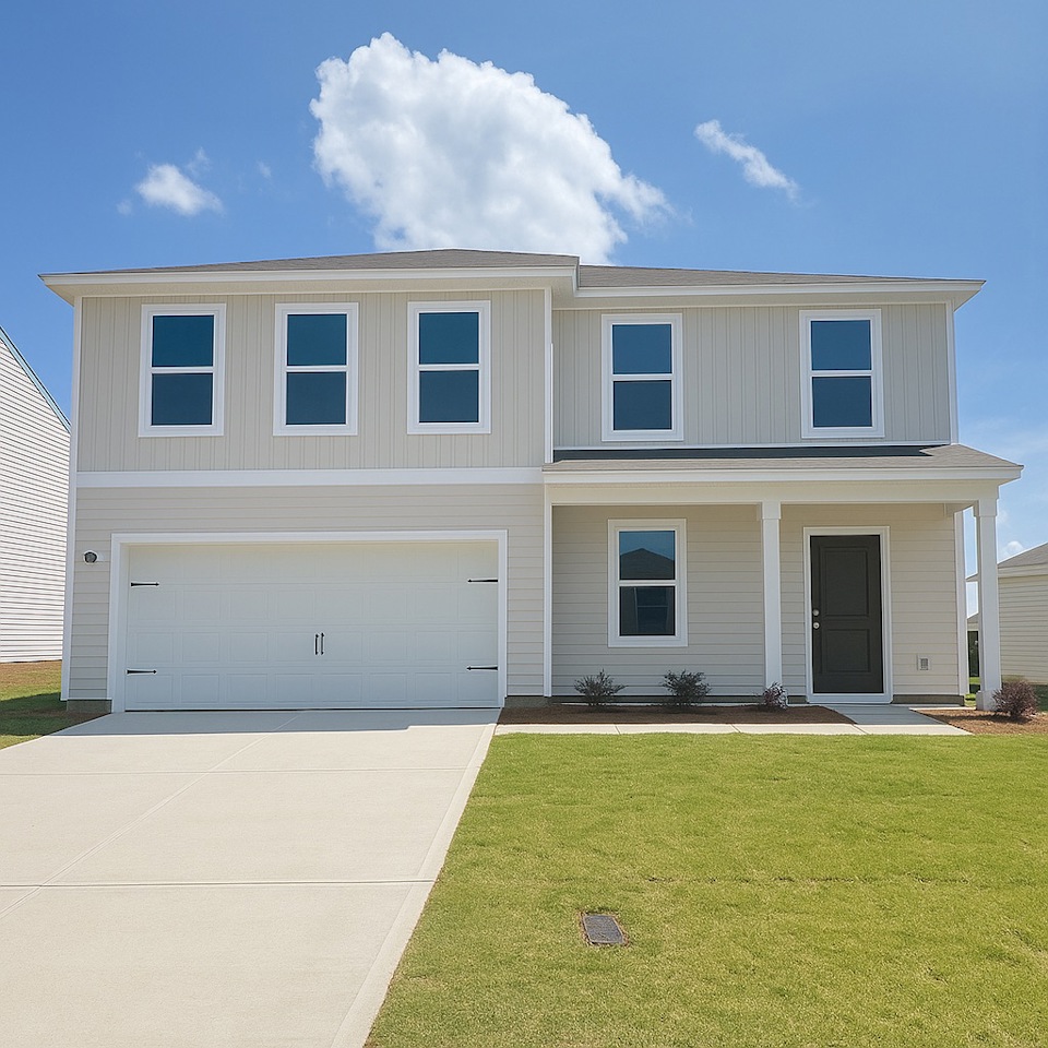 A white house with a garage.